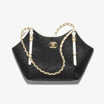Chanel Women Small Shopping Bag Braided Raffia Calfskin & Gold-Tone Metal-Black