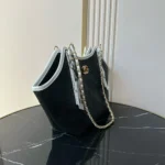 Chanel Women Small Shopping Bag Braided Raffia Calfskin & Gold-Tone Metal-Black - Image 4