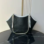 Chanel Women Small Shopping Bag Braided Raffia Calfskin & Gold-Tone Metal-Black - Image 3