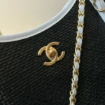 Chanel Women Small Shopping Bag Braided Raffia Calfskin & Gold-Tone Metal-Black - Image 10