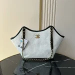 Chanel Women Small Shopping Bag Braided Raffia Calfskin & Gold-Tone Metal-White