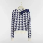 Dior Women Cropped Sweater Navy Blue and White Houndstooth Wool Knit