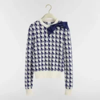 Dior Women Cropped Sweater Navy Blue and White Houndstooth Wool Knit