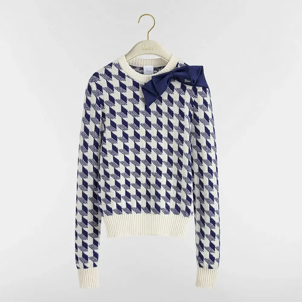 Dior Women Cropped Sweater Navy Blue and White Houndstooth Wool Knit (1) Dior Women Cropped Sweater Navy Blue and White Houndstooth Wool Knit