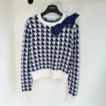 Dior Women Cropped Sweater Navy Blue and White Houndstooth Wool Knit