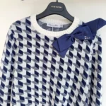 Dior Women Cropped Sweater Navy Blue and White Houndstooth Wool Knit