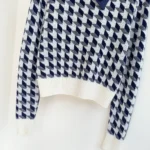 Dior Women Cropped Sweater Navy Blue and White Houndstooth Wool Knit