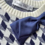 Dior Women Cropped Sweater Navy Blue and White Houndstooth Wool Knit