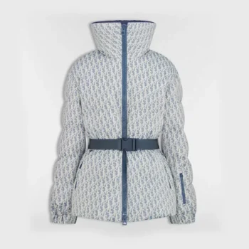 Dior Women DiorAlps Belted Puffer Jacket Blue and White Dior Oblique Quilted Technical Taffeta