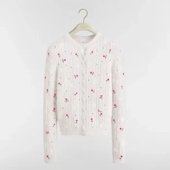 Dior Women Dioramour Embroidered Cardigan Ecru Cashmere Cable-Knit with Multicolor Doves & Roses Motif