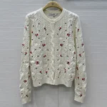Dior Women Dioramour Embroidered Cardigan Ecru Cashmere Cable-Knit with Multicolor Doves & Roses Motif