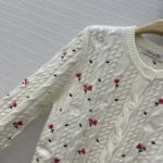 Dior Women Dioramour Embroidered Cardigan Ecru Cashmere Cable-Knit with Multicolor Doves & Roses Motif