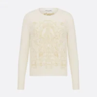 Dior Women Embroidered Sweater Ecru Cashmere Knit with Gold-Tone Dioresque Stella Motif