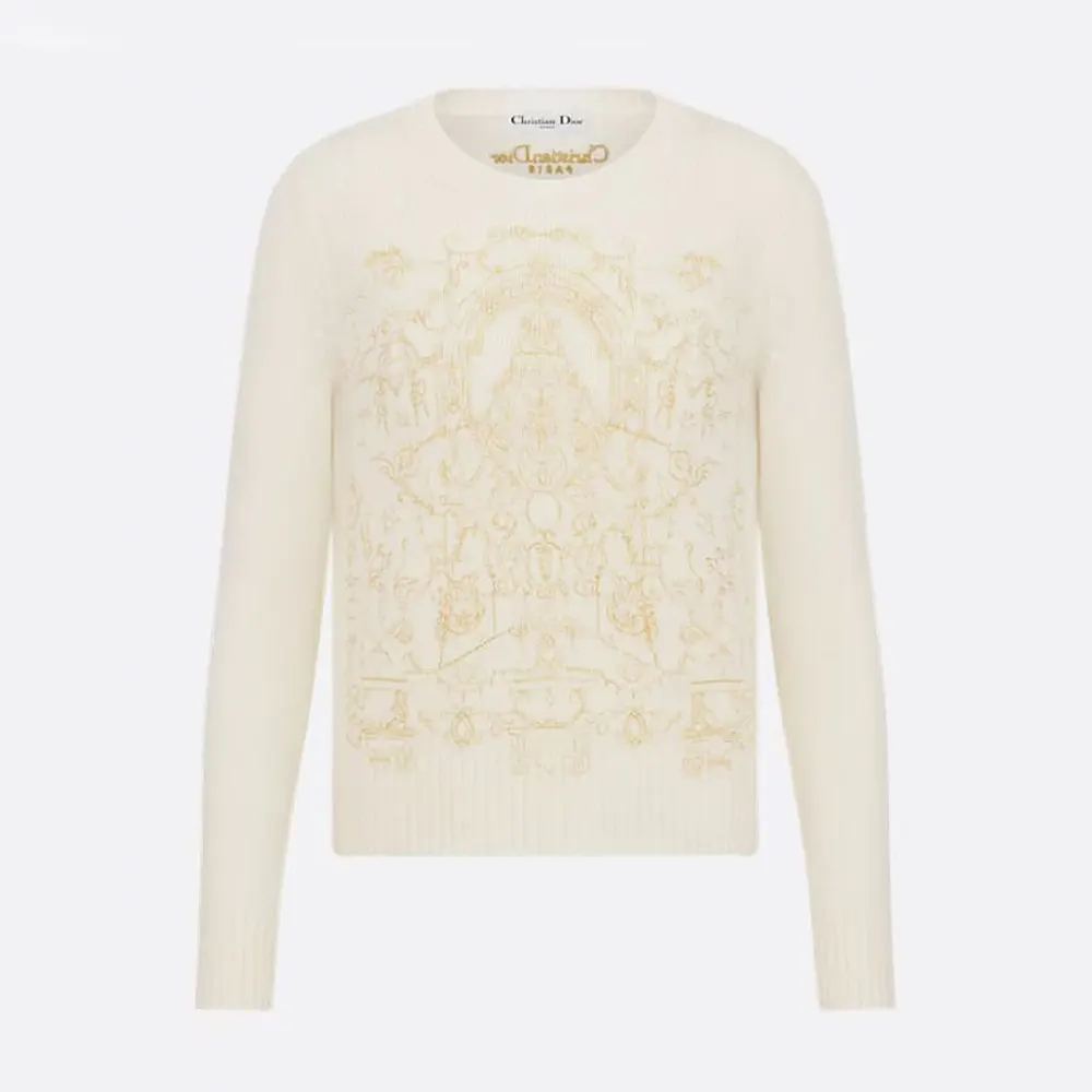 Dior Women Embroidered Sweater Ecru Cashmere Knit with Gold-Tone Dioresque Stella Motif (1) Dior Women Embroidered Sweater Ecru Cashmere Knit with Gold-Tone Dioresque Stella Motif