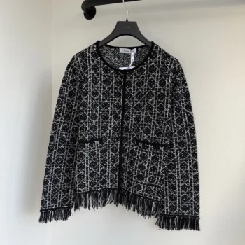 Dior Women Macrocannage Regular-Fit Jacket Black and White Cotton-Blend Tweed Knit