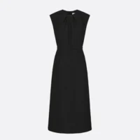 Dior Women Mid-Length Belted Dress Black Virgin Wool-Cotton-Blend Bouclé