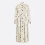 Dior Women Mid-Length Belted Shirtdress Beige Silk Twill with Multicolor Butterflies & Iris Motif