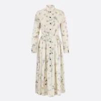 Dior Women Mid-Length Belted Shirtdress Beige Silk Twill with Multicolor Butterflies & Iris Motif