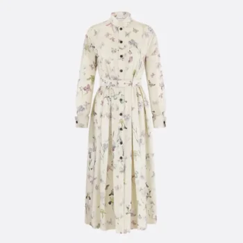 Dior Women Mid-Length Belted Shirtdress Beige Silk Twill with Multicolor Butterflies & Iris Motif