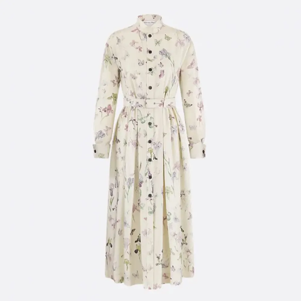 Dior Women Mid-Length Belted Shirtdress Beige Silk Twill with Multicolor Butterflies & Iris Motif (1) Dior Women Mid-Length Belted Shirtdress Beige Silk Twill with Multicolor Butterflies & Iris Motif