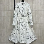 Dior Women Mid-Length Belted Shirtdress Beige Silk Twill with Multicolor Butterflies & Iris Motif