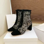 Dior Women Naughtily-D Heeled Ankle Boot Transparent Mesh Embroidered with Black Millefiori Motif