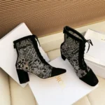Dior Women Naughtily-D Heeled Ankle Boot Transparent Mesh Embroidered with Black Millefiori Motif