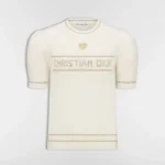 Dior Women Short-Sleeved Sweater Ecru and Gold-Tone Virgin Wool-Cashmere-Blend Knit