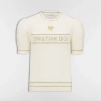 Dior Women Short-Sleeved Sweater Ecru and Gold-Tone Virgin Wool-Cashmere-Blend Knit
