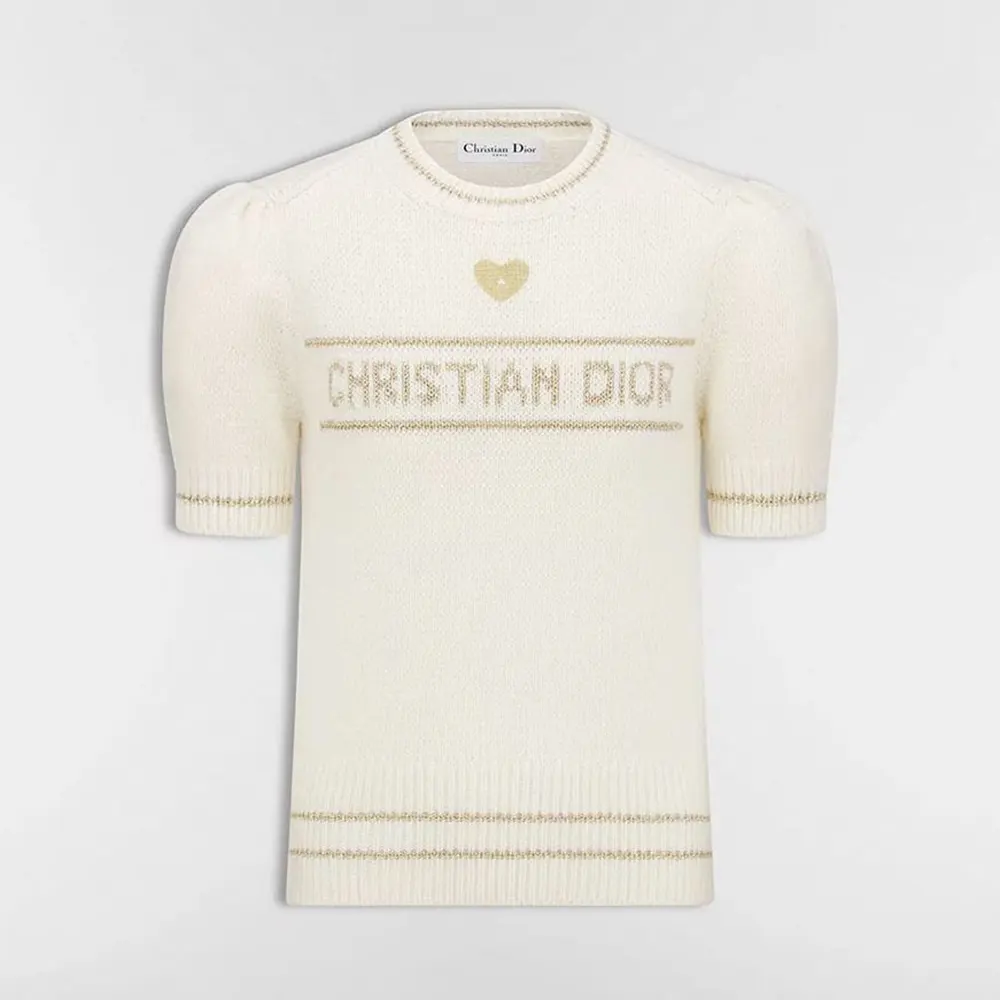Dior Women Short-Sleeved Sweater Ecru and Gold-Tone Virgin Wool-Cashmere-Blend Knit (1) Dior Women Short-Sleeved Sweater Ecru and Gold-Tone Virgin Wool-Cashmere-Blend Knit