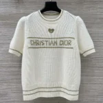 Dior Women Short-Sleeved Sweater Ecru and Gold-Tone Virgin Wool-Cashmere-Blend Knit