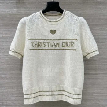 Dior Women Short-Sleeved Sweater Ecru and Gold-Tone Virgin Wool-Cashmere-Blend Knit