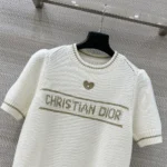 Dior Women Short-Sleeved Sweater Ecru and Gold-Tone Virgin Wool-Cashmere-Blend Knit