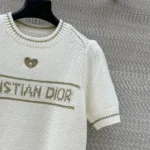 Dior Women Short-Sleeved Sweater Ecru and Gold-Tone Virgin Wool-Cashmere-Blend Knit