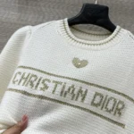 Dior Women Short-Sleeved Sweater Ecru and Gold-Tone Virgin Wool-Cashmere-Blend Knit