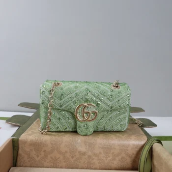 Gucci Women GG Marmont Crystals Small Shoulder Bag-Green ‎837280AAFTR