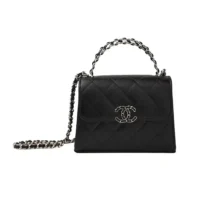 Chanel Women Clutch with Chain Grained Shiny Calfskin Gold Tone Metal-Black