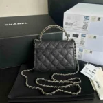 Chanel Women Clutch with Chain Grained Shiny Calfskin Gold Tone Metal-Black