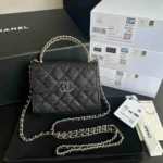 Chanel Women Clutch with Chain Grained Shiny Calfskin Gold Tone Metal-Black
