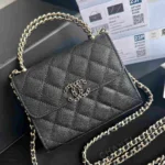 Chanel Women Clutch with Chain Grained Shiny Calfskin Gold Tone Metal-Black