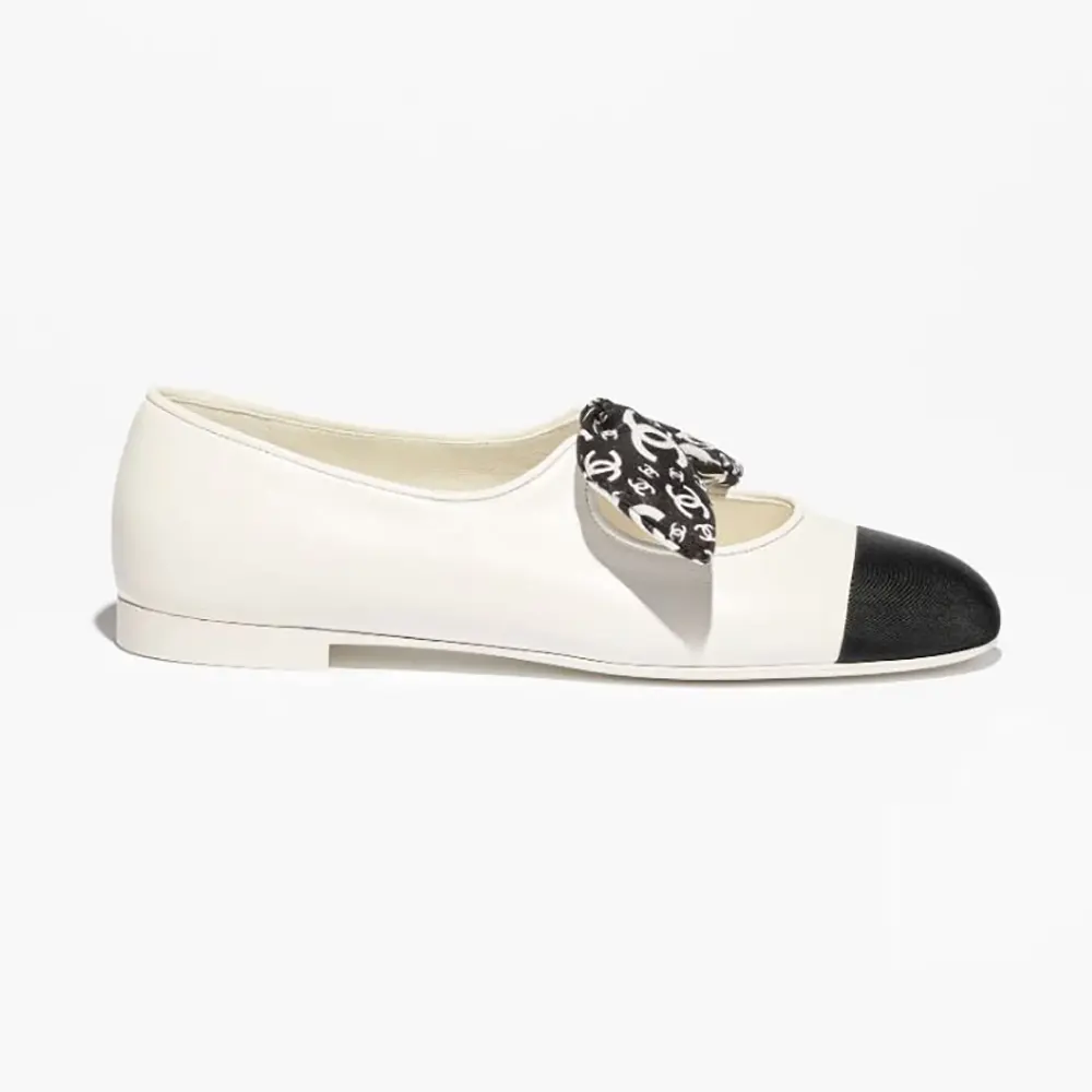 Chanel Women Mary Janes Lambskin Silk & Grosgrain White & Black G46937 (1) Chanel Women Mary Janes Lambskin Silk & Grosgrain White & Black G46937