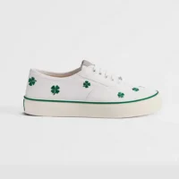 Dior Unisex Saltwind Sneaker White Cotton Embroidered with Bright Green Dior Clover Motif