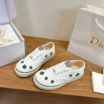 Dior Unisex Saltwind Sneaker White Cotton Embroidered with Bright Green Dior Clover Motif