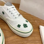 Dior Unisex Saltwind Sneaker White Cotton Embroidered with Bright Green Dior Clover Motif