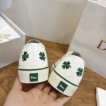 Dior Unisex Saltwind Sneaker White Cotton Embroidered with Bright Green Dior Clover Motif