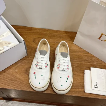 Dior Unisex Saltwind Sneaker White Cotton Embroidered with Multicolor Doves & Roses Motif