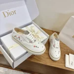Dior Unisex Saltwind Sneaker White Cotton Embroidered with Multicolor Doves & Roses Motif