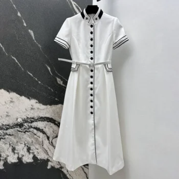 Dior Women Mid-Length Belted Shirtdress Ecru Wool and Mohair 611R12A1030