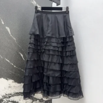 Dior Women Mid-Length Ruffled Skirt Black Silk Organza 611J16A6605