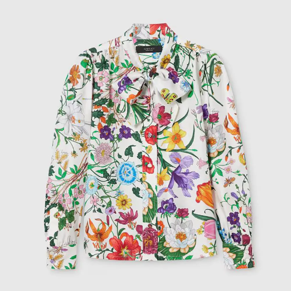 Gucci Women Printed Silk Twill Shirt with Bow 865715ZAUU8 (1) Gucci Women Printed Silk Twill Shirt with Bow 865715ZAUU8